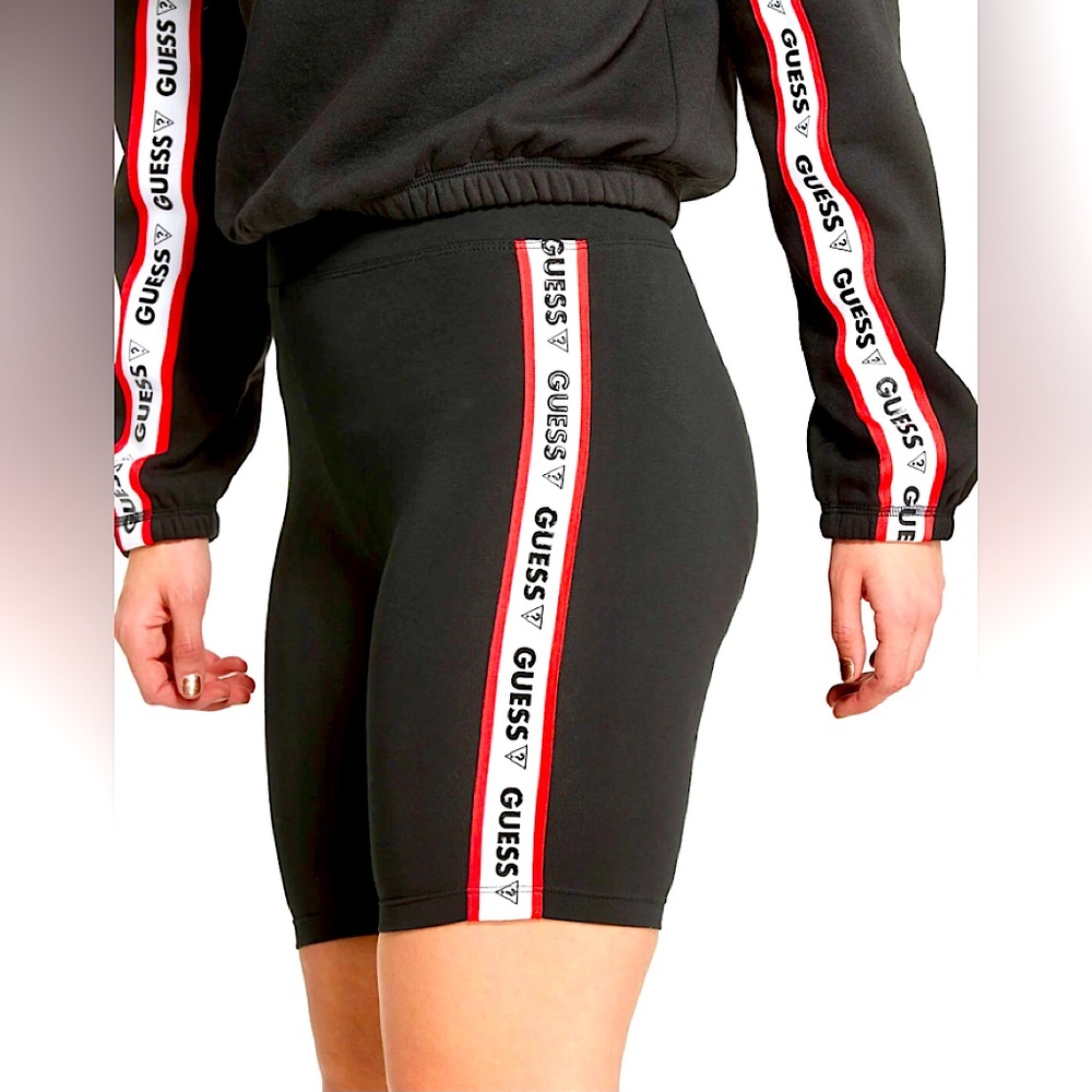 GUESS Black Bike Shorts with Red & White Logo Tape